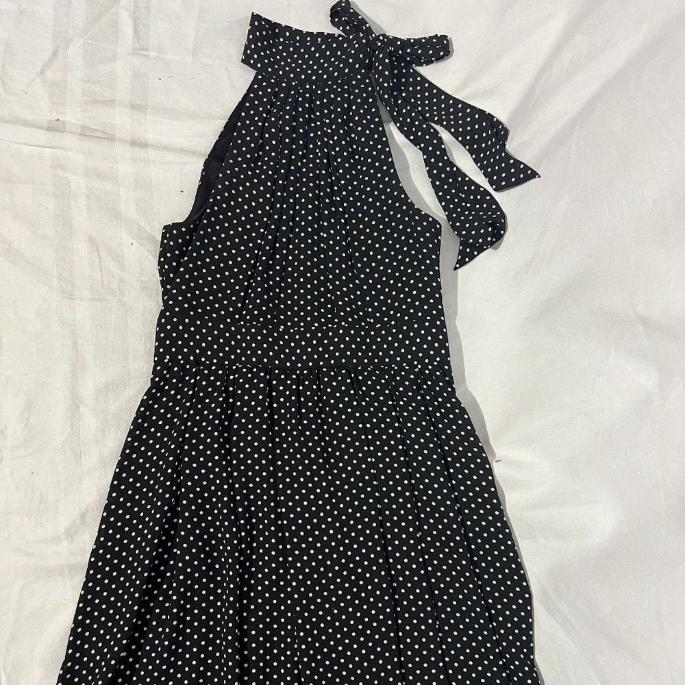 Express Black and White Polka Dot High Neck Sleeveless Dress with Bow